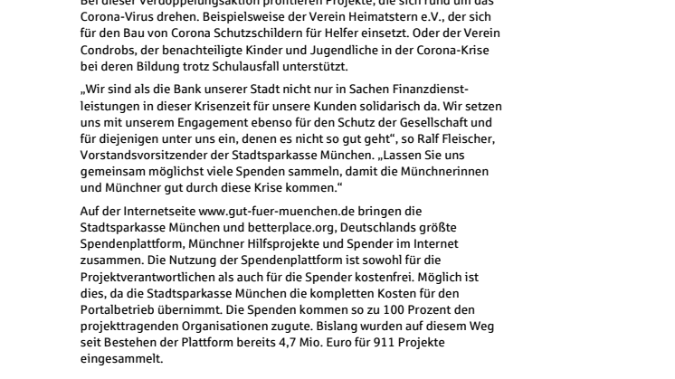 Die Stadtsparkasse München verdoppelt Spenden für Corona-Projekte auf gut-fuer-muenchen.de
