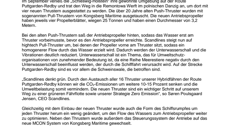Scandlines Hybridfähre „Schleswig-Holstein“ ab sofort mit neuem, umweltfreundlicherem Schiffsantrieb unterwegs