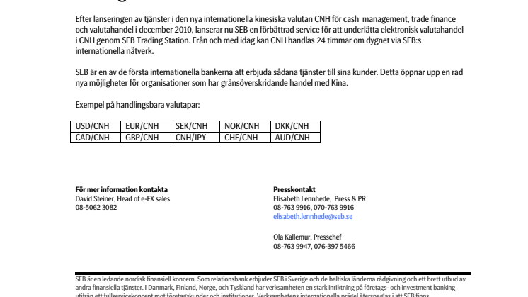 SEB lanserar elektronisk valutahandel i CNH via SEB Trading Station