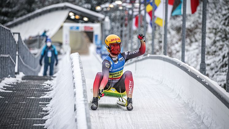 Julia Taubitz bei der Zieleinfahrt am SachsenEnergie-Eiskanal Altenberg. (Foto: FIL Mareks Galinovskis)