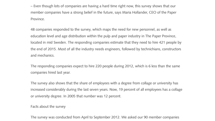 421 EMPLOYEES TO BE RECRUITED BY END OF 2015