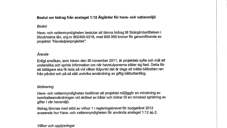 Beslut Havstulpanprojektet