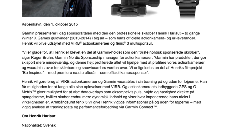 Garmin® præsenterer sponsoraftale med den professionelle skiløber og  to gange guldvinder af X Games Henrik Harlaut