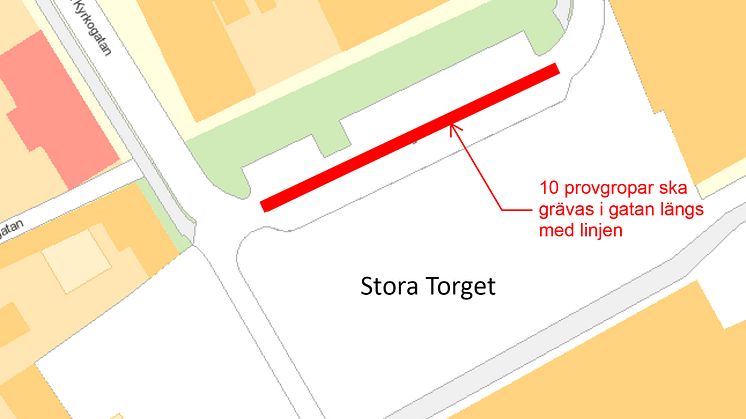 Nu undersöker vi gatan framför Stadshotellet. Totalt gräver vi tio provgropar för att undersöka kulturlagren i marken.