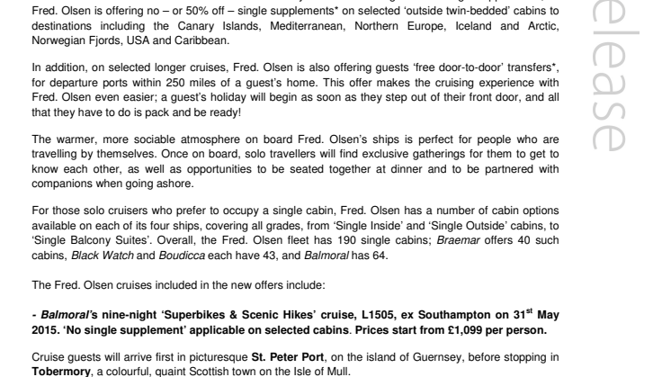 Fred. Olsen Cruise Lines launches tempting new offers for singles and free door-to-door transfers on selected 2015 cruises