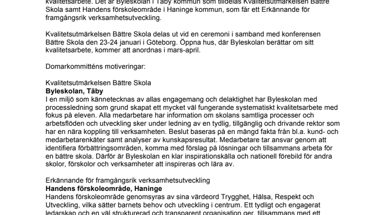 Byleskolan tilldelas Kvalitetsutmärkelsen Bättre Skola 2012 