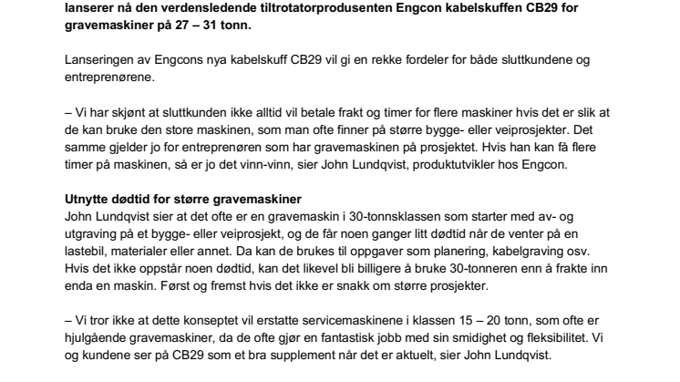 Engcon lanserer kabelskuff for større gravemaskiner