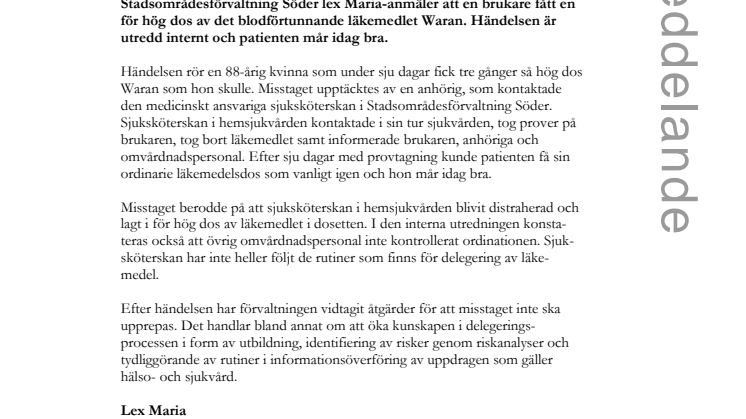 Överdosering av läkemedel anmäls enligt Lex Maria