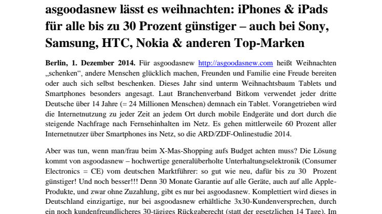 asgoodasnew lässt es weihnachten: iPhones & iPads für alle bis zu 30 Prozent günstiger – auch bei Sony, Samsung, HTC, Nokia & anderen Top-Marken