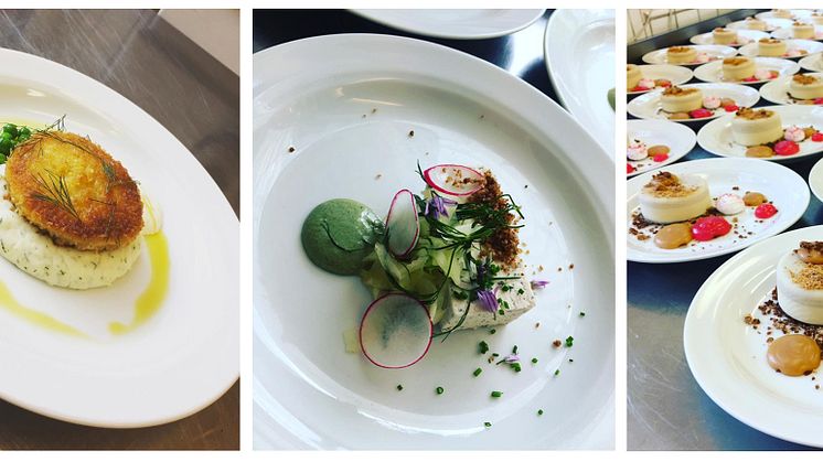 Några av de rätter som serverats de boende på Rådahemmet i Mölnlycke den senaste tiden:  Pankopanerad havets wallenbergare med syrat dillmos och romsås, Matjessillmousse med fänkål och dill, nässelmajonnäs och rostad kumminkrisp, vaniljpudding med ra