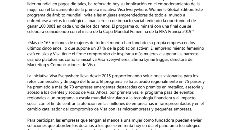 Visa lanza el primer concurso mundial para apoyar a las mujeres emprendedoras