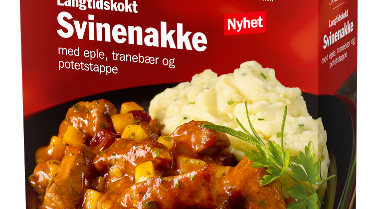 Fjordland langtidskokt svinenakke med eple, tranebær og potetstappe.