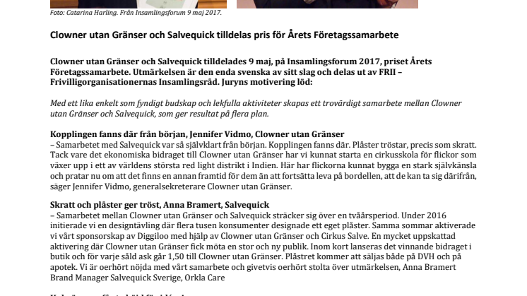 Clowner utan Gränser och Salvequick tilldelas pris för Årets Företagssamarbete 