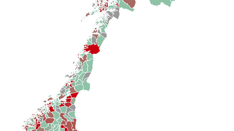 Slik beskriver kommunene sin situasjon. Jo rødere farge, jo større rekrutteringsproblemer. Grafikk: Anne-Lene Molland/Legeforeningen
