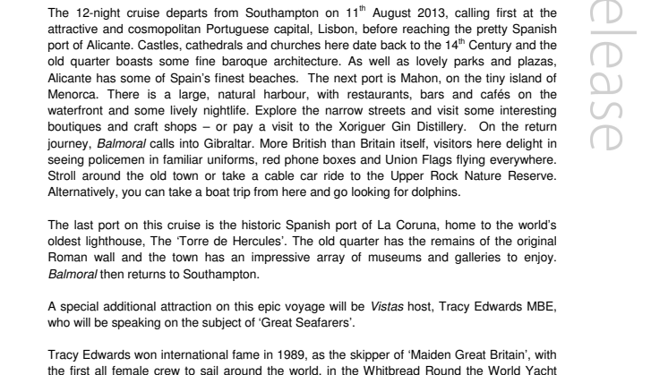 Round-the-World Yachtswoman, Tracy Edwards MBE, joins a Fred. Olsen cruise to  Spain, Portugal & Gibraltar
