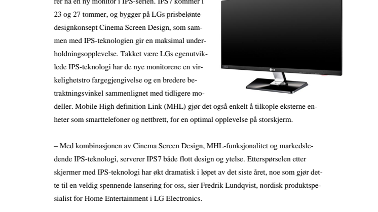 IFA 2012: LG LANSERER IPS7 – EN NY IPS-MONITOR  SOM KOMBINERER DESIGN, KVALITET OG YTELSE  