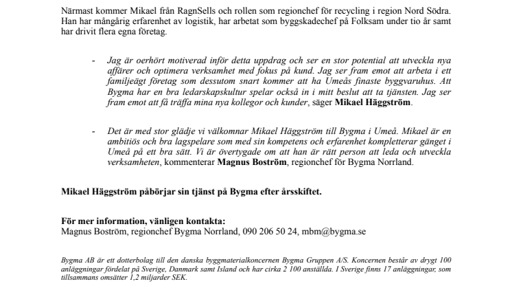 Bygma rekryterar ny platschef i Umeå