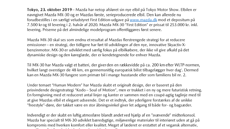 MAZDA MX-30 – ELEKTRISK VERDENSPREMIERE I TOKYO