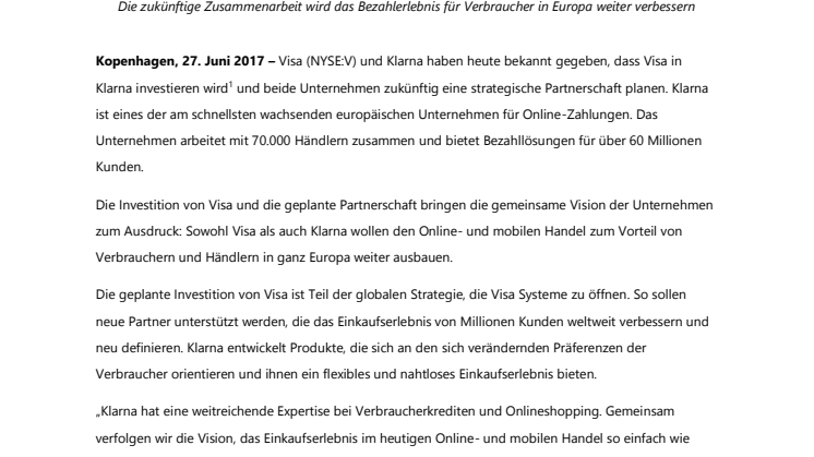 Visa kündigt strategische Investition in Klarna an: Die Unternehmen planen eine Partnerschaft