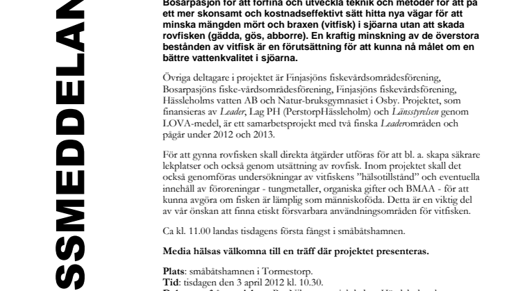 Inbjudan: Vårdfiske och fiskevård i Finjasjön och Bosarpasjön