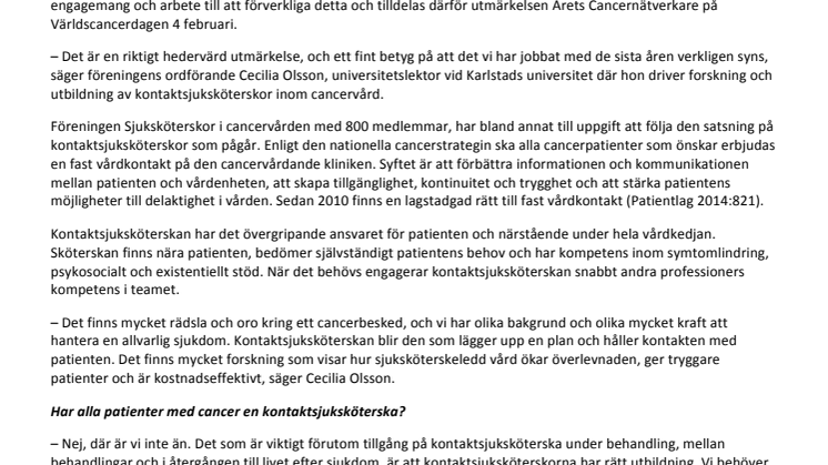 Sjuksköterskor i cancervård blir genom Cecilia Olsson, Karlstad, Årets Cancernätverkare
