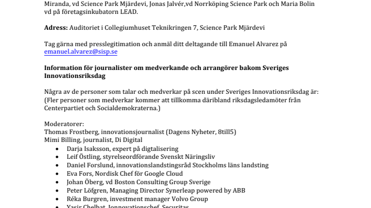 Inbjudan till pressträff under Sveriges Innovationsriksdag 2017
