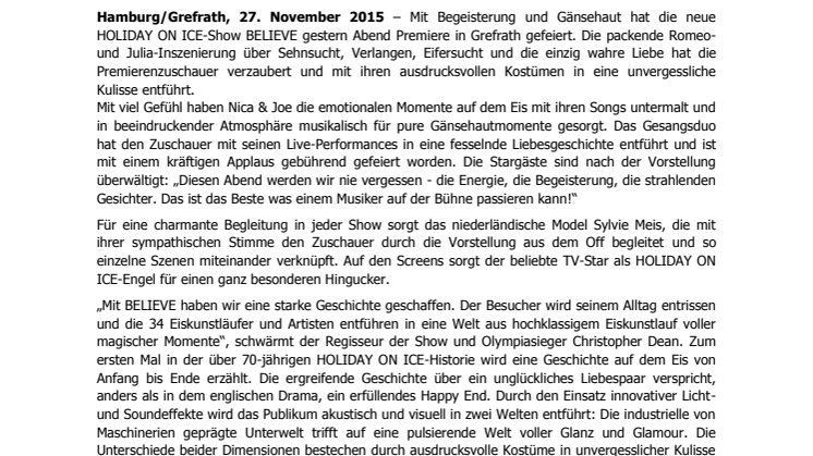 Gefühlvoller Tourauftakt von HOLIDAY ON ICE: Tosender Applaus für neue Show BELIEVE 