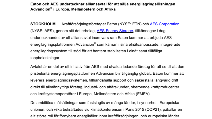 ​Eaton och AES undertecknar alliansavtal för att sälja energilagringslösningen Advancion i Europa, Mellanöstern och Afrika