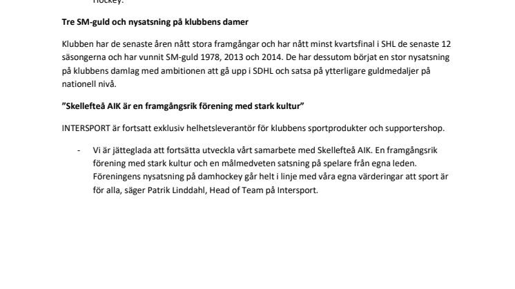 Nytt samarbetsavtal mellan INTERSPORT och Skellefteå AIK Hockey