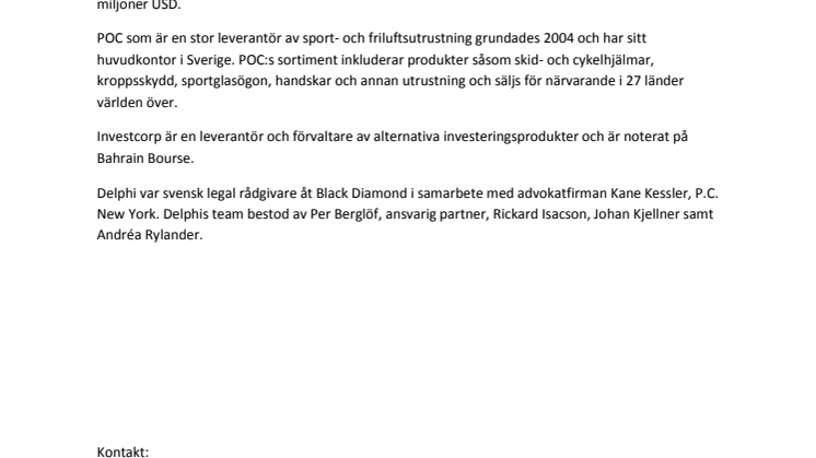 Delphi rådgivare till Black Diamond vid försäljning av POC Sweden
