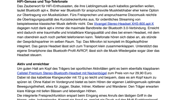 Bluetooth 3.0-Stereo-Headsets mit apt-x für echten HiFi-Genuss