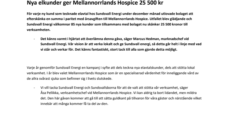 Nya elkunder ger Mellannorrlands Hospice 25 500 kr