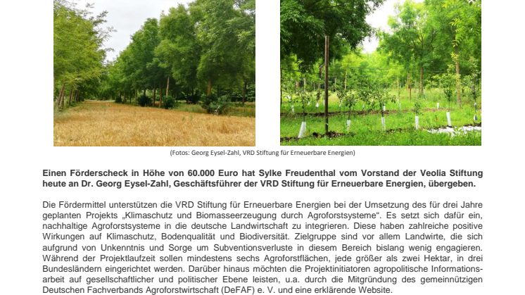 Veolia Stiftung fördert das Projekt „Klimaschutz und Biomasseerzeugung durch Agroforstsysteme“ der VRD Stiftung für Erneuerbare Energien