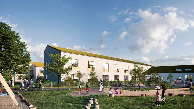 Illustration av det planerade äldreboendet och förskolan i Mönsterås kommun