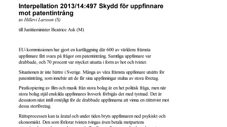 Riksdagsdebatt om behovet av skydd för uppfinnare