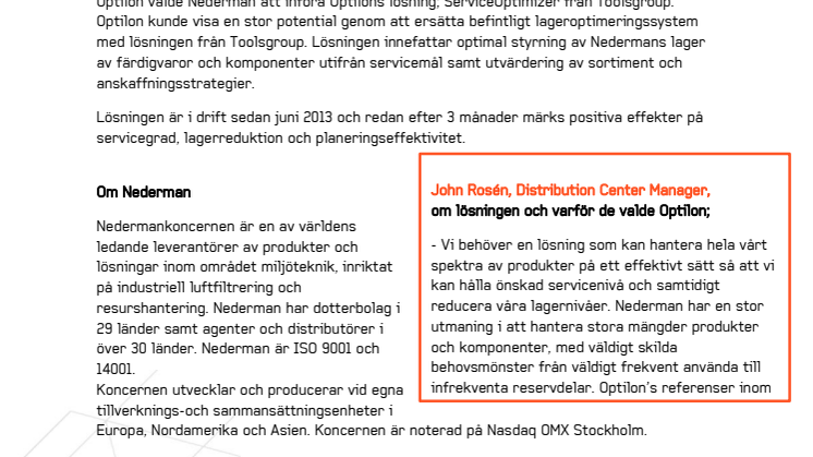 Nederman optimerar lager med lösning från Optilon