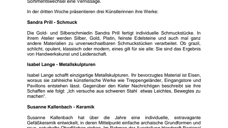 Dritte Ausstellungswoche Handcraft regional Vernissage am 14.11. um 17:00 Uhr