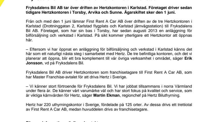 Fryksdalens Bil AB tar över driften av Hertz i Karlstad