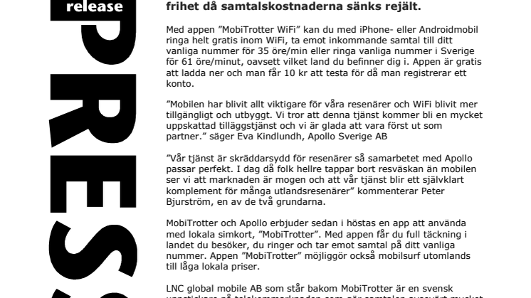 MobiTrotter WiFi, smart app för gratis eller billiga samtal utomlands - nu på marknaden