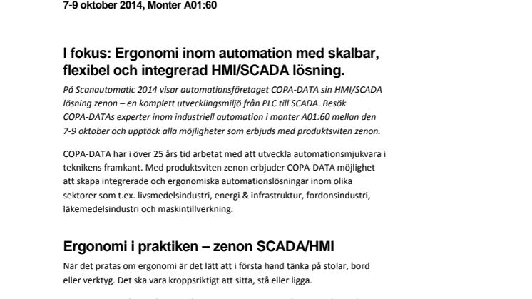 COPA-DATA ställer ut på Scanautomatic i Göteborg, Monter A01:60