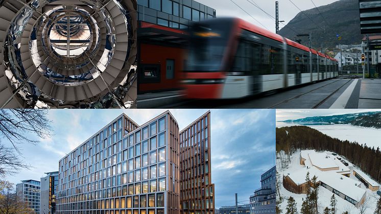 Øverst fra venstre: Gullhaug torg 5, Bybanen. Via (foto: Trond Joelson, Byggeindustrien) og Saemien Sijte (foto: Fredrik Vasshaug, T-A Kreativ).