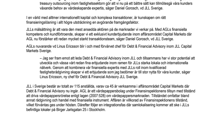 JLL växer och förvärvar finansrådgivaren AGL