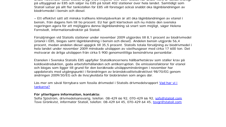 Minskad försäljning av E85 i november