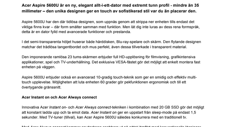 Acer Aspire 5600U sätter ny standard för allt-i-ett datorer