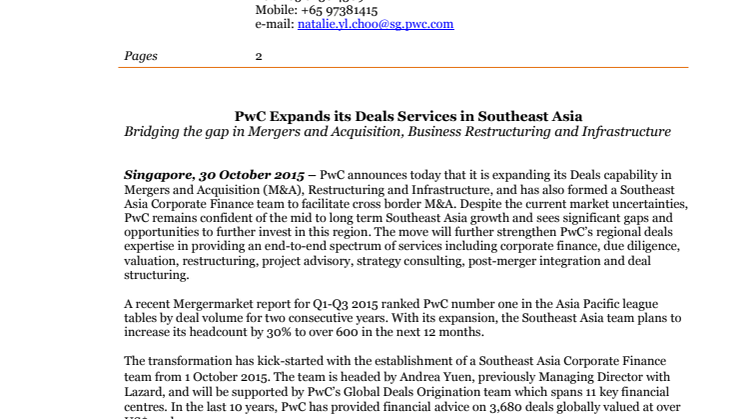 PwC Expands its Deals Services in Southeast Asia