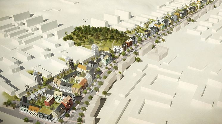 Kreativitet i byggprojekt testas för halvering av klimatpåverkan. Illustration: OkiDoki Arkitekter