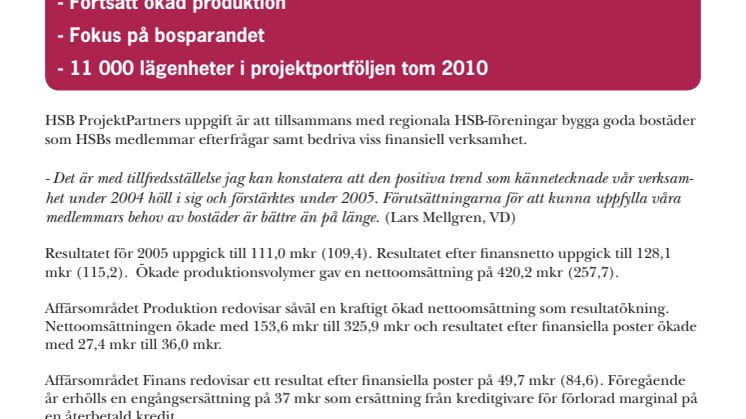 HSB ProjektPartners bokslutskommuniké för 2005