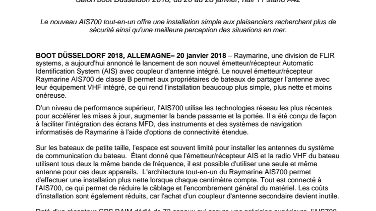 Raymarine - boot Düsseldorf: Raymarine lance un nouvel émetteur/récepteur d'AIS avec coupleur d'antenne intégré