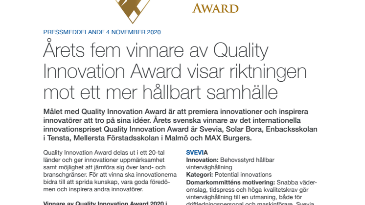 Quality Innovation Award 2020