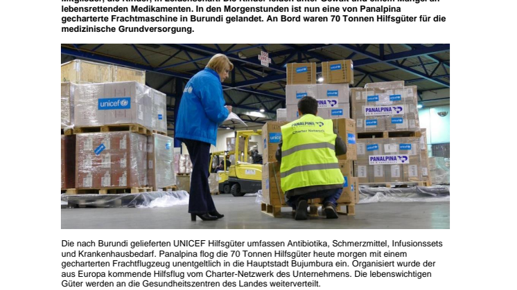 Panalpina fliegt für UNICEF Hilfsgüter nach Burundi